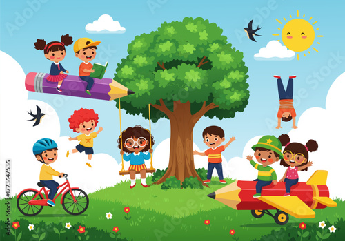 Joyful Children Playing Outdoors A Whimsical Scene of Fun, Friends, and Adventure