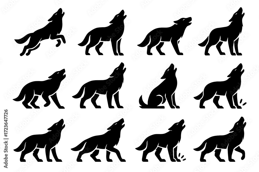 Fototapeta premium Vocalization icons motion vector wolf leaping icon backward position lunge rise stance