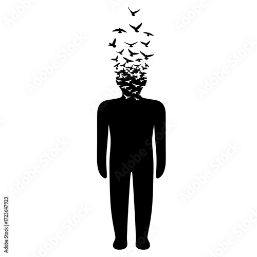 Person dissolving into birds vector silhouette. A concept for burnout, dissociation, and scattered thoughts.
