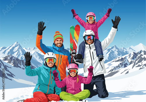 Happy Skiing Family Enjoying a Sunny Day in the Snow-Covered Mountains