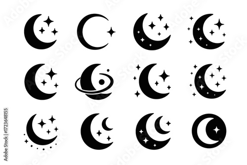 Crescent dots design icons vector glowing arc spark celestial among moon icon