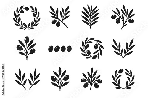 Cluster combo shapes collection icon twin sprigs vector curved olive olives