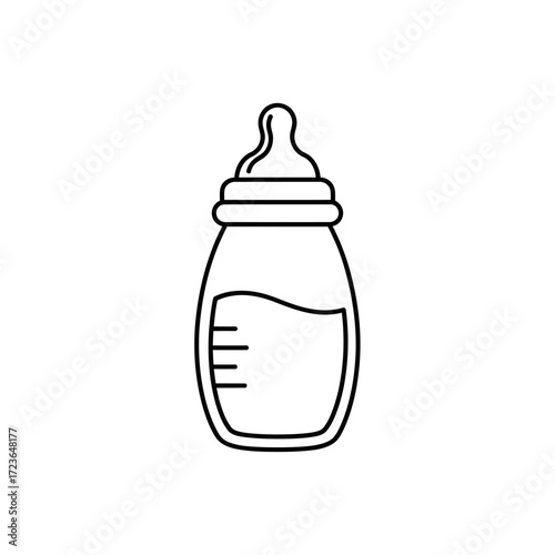A simple black and white line art icon of a baby feeding bottle, partially filled with milk and showing measurement lines.