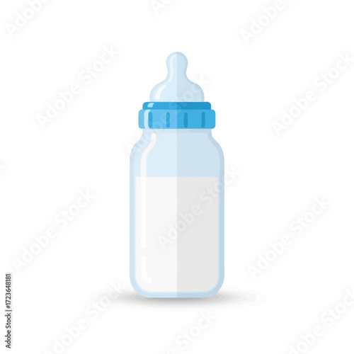 A clear baby bottle with a blue cap and nipple, filled with white milk, isolated on a white background.