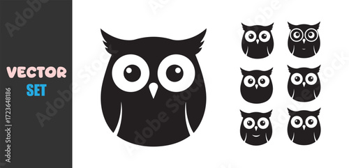 Collection of cute cartoon owl illustrations in silhouette style