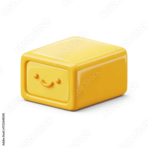 Cheerful yellow storage box with a smiling drawer, isolated on white.