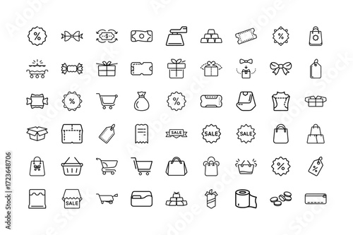 Boxing Day line art icon collection, festive shopping and gift silhouettes, black and white minimalist vector set, perfect for holiday sales, online shopping, discounts, e-commerce, and gifts.