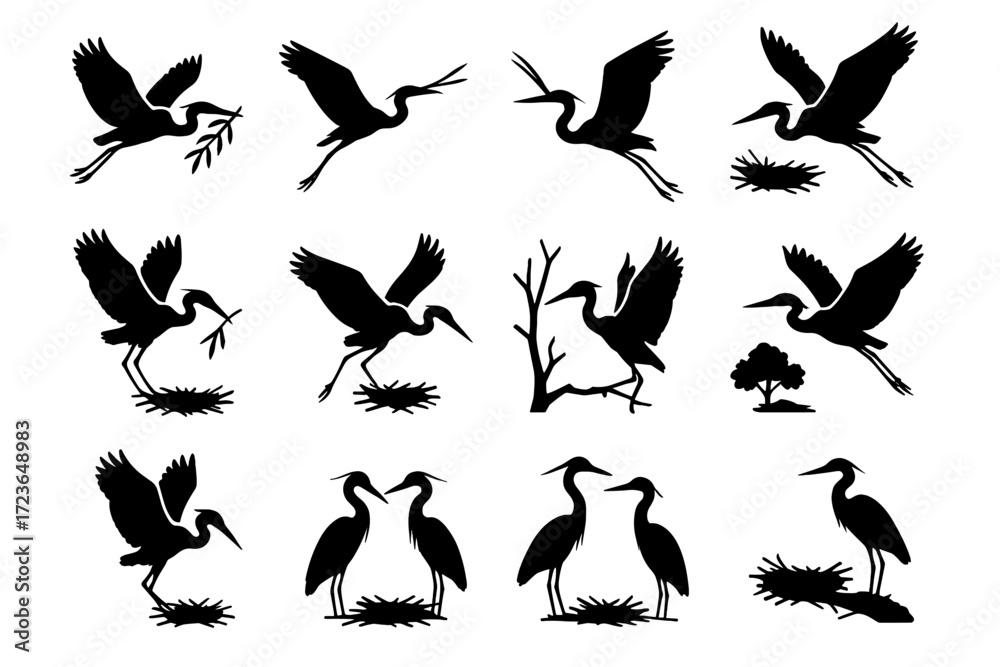 Fototapeta premium To reed paired heron lone nesting nest vector icon top beak carrying