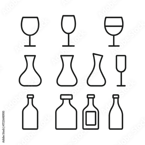 Liquor Bottle set silhouette. Vodka, Whiskey, Wine Bottle with an alcoholic drink. Restaurant beverage alcoholic illustration for celebration 