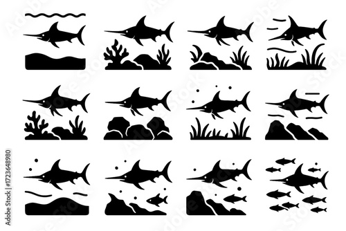 Icon current clear icons underwater reef near swordfish habitat coral vector sea