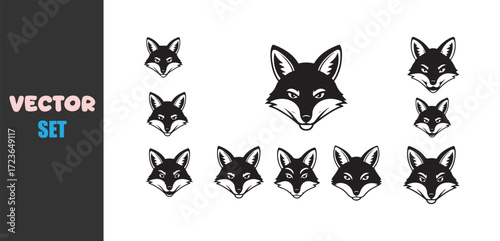 Collection of stylized black and white fox head illustrations in various sizes