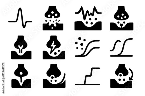 Transmission receptor neurotransmission membrane wave electrical inhibition icon vector set firing binding