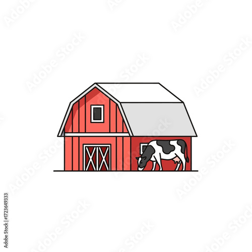 A simple, stylized illustration of a red barn with a black and white cow grazing in front of it.