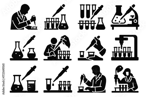 Icons scientific liquid pipette analysis bench pipetting environment motion workflow vector icon
