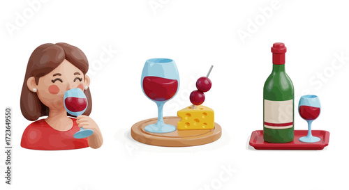 A woman enjoying a glass of red wine, a cheese and grape appetizer, and a bottle of wine with a glass.