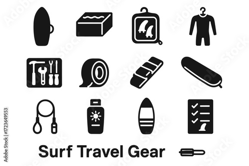 Travel roll bottle fin wetsuit strap icon gear surf sleeve vector bag