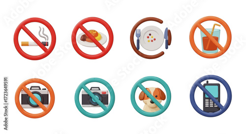 Collection of prohibition signs with various icons, including smoking, food, photography, pets, and phones.