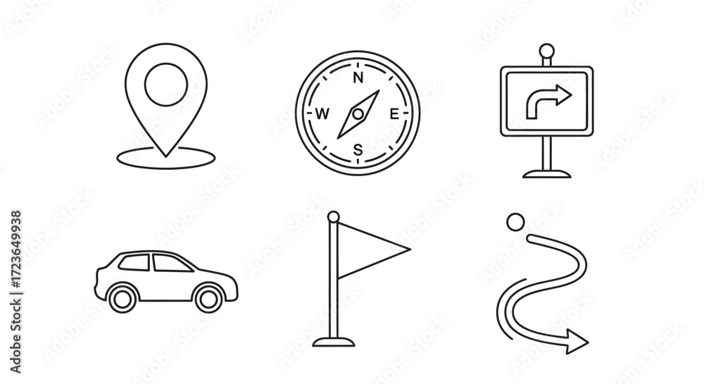 Fototapeta premium Outline icons of location pin, compass, road sign, car, flag, and route.