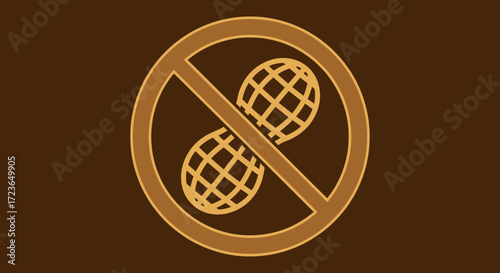 A brown background with a 'no peanuts' symbol, featuring two peanut shells crossed out within a circle, indicating a peanut-free zone.