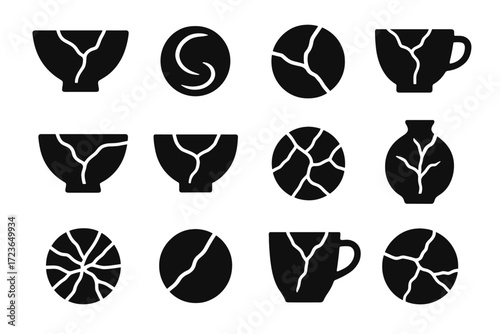 Artistic imperfection bowl icon cultural restoration icons vector mend kintsugi repair vein