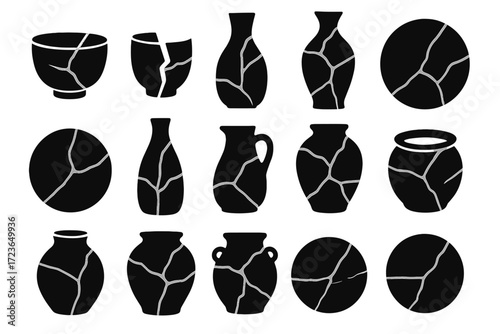 Style icon rim fixed pottery pitcher icons broken vector ceramic kintsugi bottle