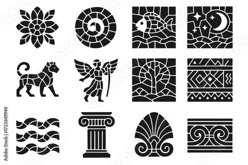 Mosaic collection figure icon symbol deco animal motif art floral vector mural