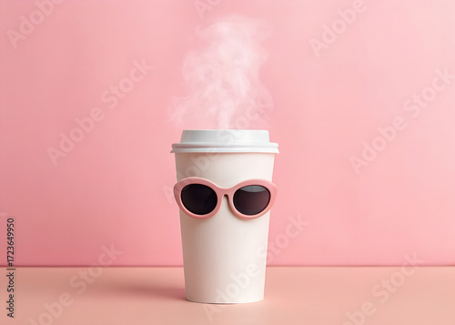 Creative coffee cup wearing sunglasses with steam rising, playful concept on pastel pink background.