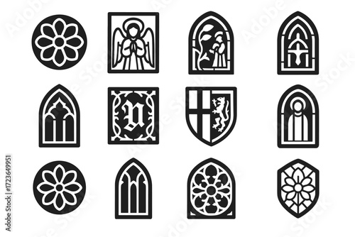 Panel medieval motif pane vector icon sacred window icons ornamental altar floral