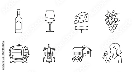 Line art icons depicting wine and vineyard elements, including wine bottle, glass, cheese, corkscrew, barrel, vineyard, and woman drinking wine.