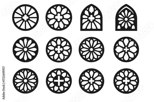 Stained pointed window icon rose holy center vector tracery pattern gothic elements