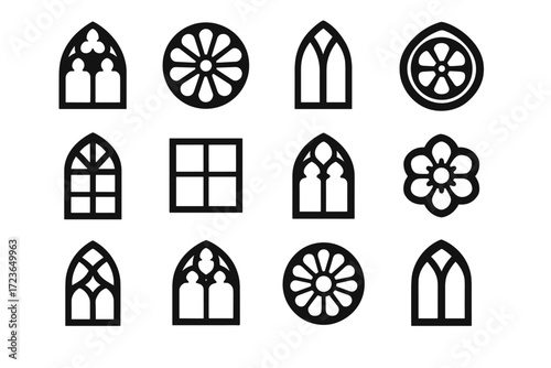 Medieval symbol window historic arch motif vector stone petals icon heritage lancet