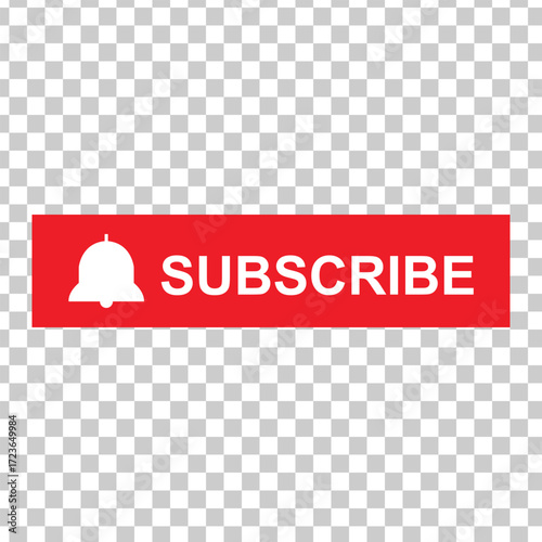 Red subscribe button with bell icon for social media channel isolated on transparent background
