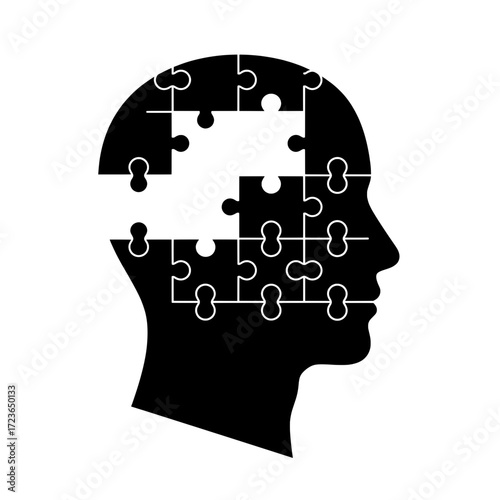 Human head puzzle with missing pieces vector icon. A concept for memory loss, burnout, and mental health.
