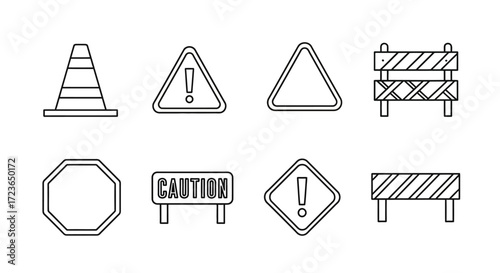 Collection of black and white line art construction icons, including traffic cones, warning signs, and barricades.