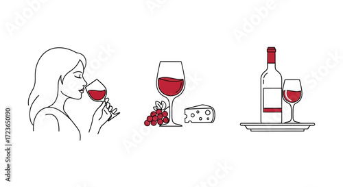 Woman enjoying red wine with cheese and grapes.