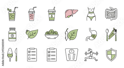 A collection of flat design icons representing healthy living, including drinks, food, organs, exercise, and weight management.