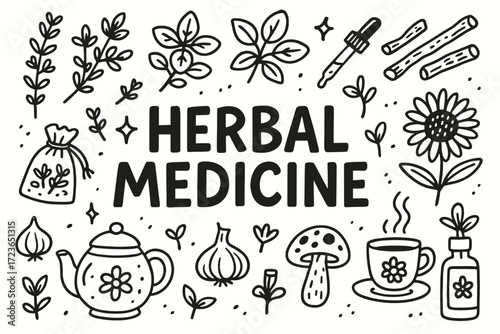 Herbal medicine outline icon set. natural remedies, plants, herbs collection