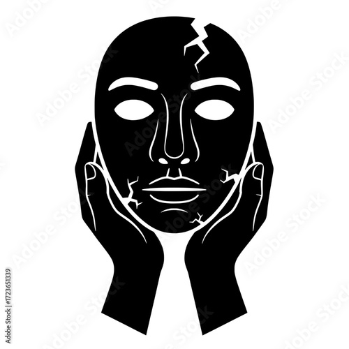 Hands holding a cracked face mask vector icon. A concept for emotional masking, burnout, and a fragile facade.
