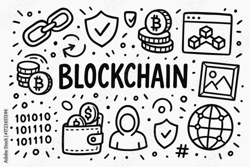Blockchain doodle icon set. cryptocurrency, technology, finance line art icons