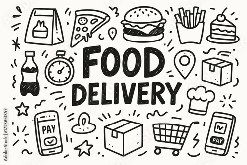 Food delivery outline icon set. fast food, online ordering line icons collection