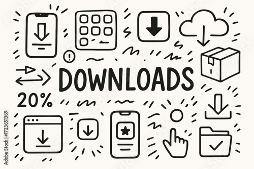 Download, file management outline icon set. cloud, arrow, storage, interface collection