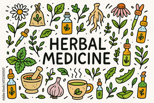Herbal medicine flat icon set: plants, remedies, and natural healing collection
