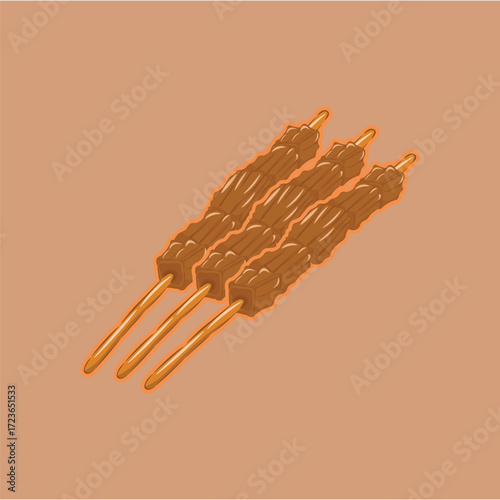 illustration of grilled satay, brownish grilled meat with peanut sauce