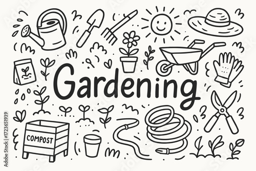 Gardening tools outline icon set. plant care, horticulture essentials in outline style.