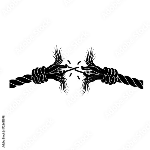 Fraying rope at breaking point vector icon. Concept for stress, relationship conflict, and burnout.
