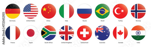 World Flags Collection Icons Set. Germany, USA, China, UK, India, Canada, France, Japan, Italy