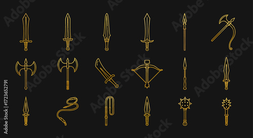 Collection of golden line art weapons icons.