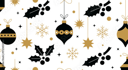 Festive Christmas pattern with ornaments, snowflakes, and holly berries.