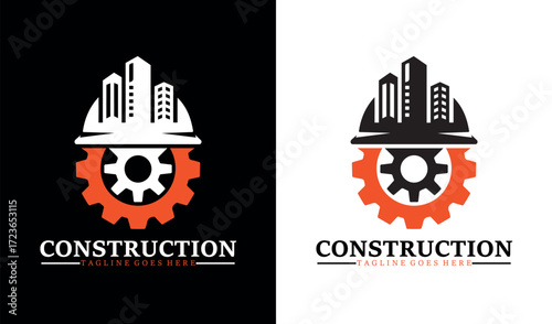 Modern Construction Logo Design with Gear, Helmet, and Building Silhouette – Professional Real Estate and Engineering Symbol