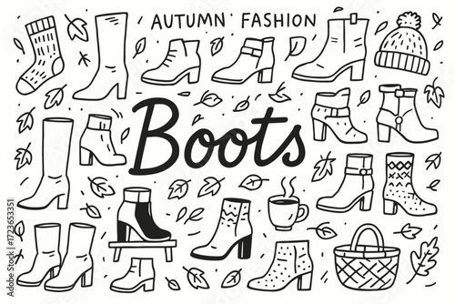 Autumn fashion outline icon set. boots, leaves, and cozy outlined style collection